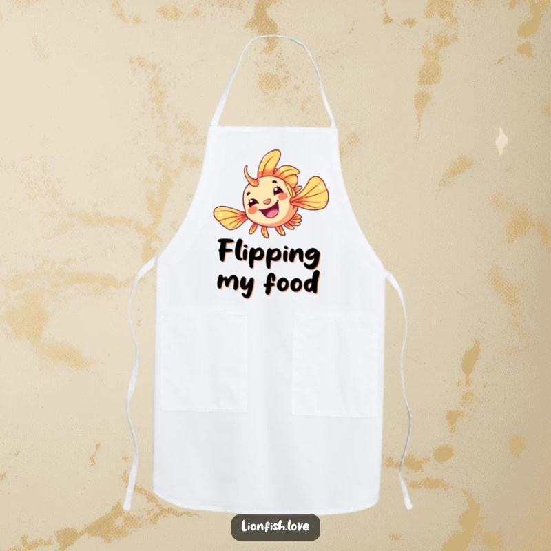 Funny Apron with a cheerful lionfish mid-flip, perfect for kitchen fun with aquatic charm and a touch of humor.