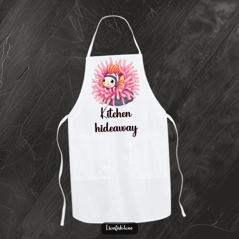 Funny apron with a shy lionfish peeking from behind a colorful anemone, perfect for chefs who enjoy a bit of playful modesty.