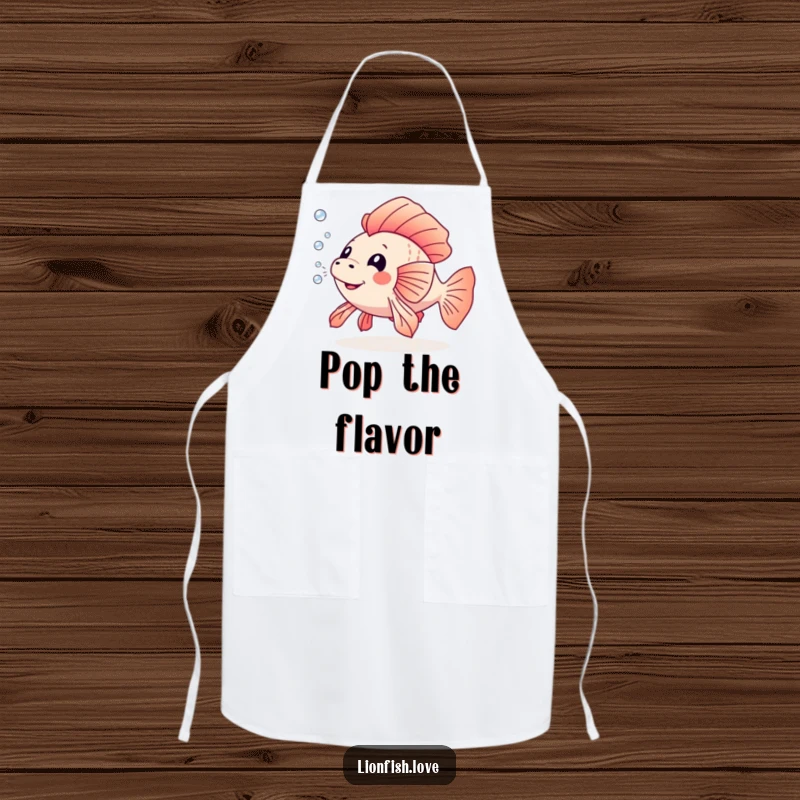Funny apron featuring a playful lionfish blowing bubbles, perfect for chefs who enjoy adding a touch of humor to their cooking.