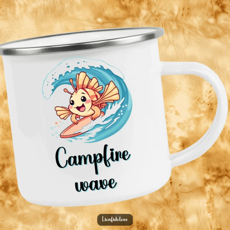 Funny enamel camping mug with a playful lionfish with spiky fins surfing on a gentle wave, for outdoor use.