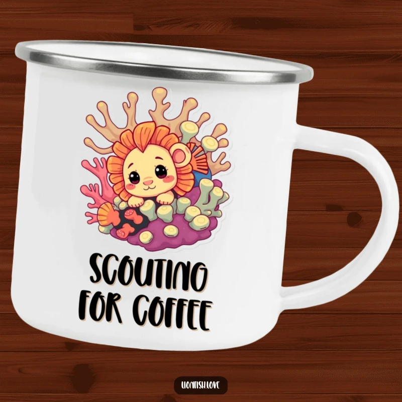 Funny Camping Mug with a curious lionfish peeking from coral, perfect for outdoor exploration with playful humor.