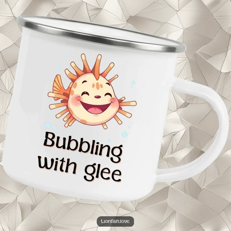Funny camping mug with a joyful lionfish, wide grin, and bubbles, ready for cheerful outdoor adventures and warm drinks.