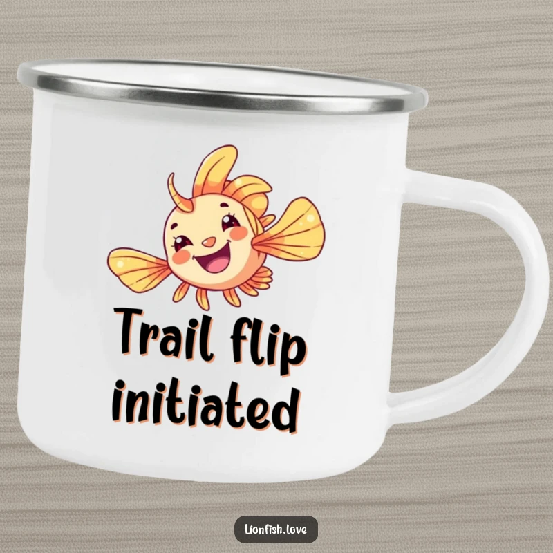 Funny Camping Mug with a playful lionfish mid-flip, perfect for outdoor adventures with a splash of ocean humor.