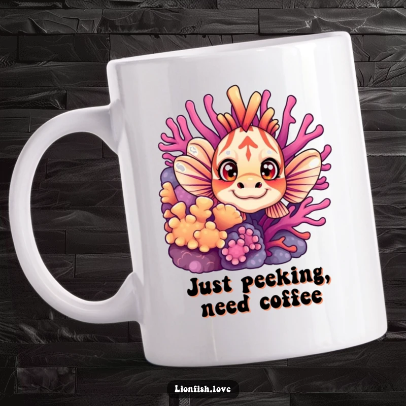 Funny mug featuring a curious lionfish with wide eyes peeking from behind colorful coral, capturing a moment of underwater discovery.