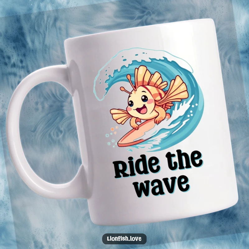 Funny mug showing a playful lionfish with spiky fins happily surfing on a gentle wave, embodying ocean fun.