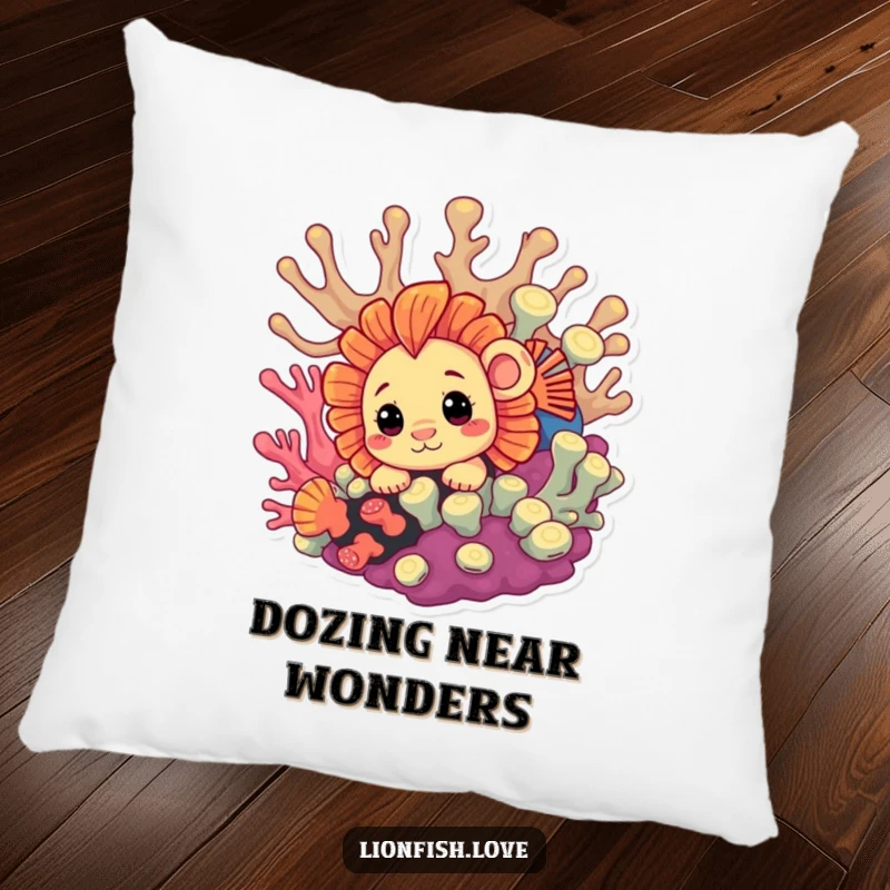 Funny Pillow featuring a curious lionfish peeking from coral, offering cozy comfort and playful underwater humor.