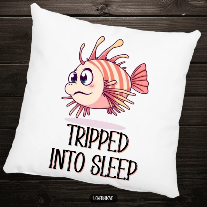 Funny pillow design of a clumsy lionfish tripping with a surprised expression, bringing a touch of aquatic oops-moments to any space.