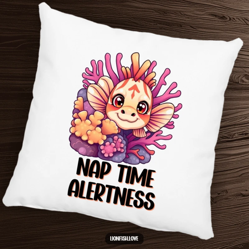 Funny pillow design of a curious lionfish peeking from coral, its wide eyes adding a touch of endearing surprise and charm.