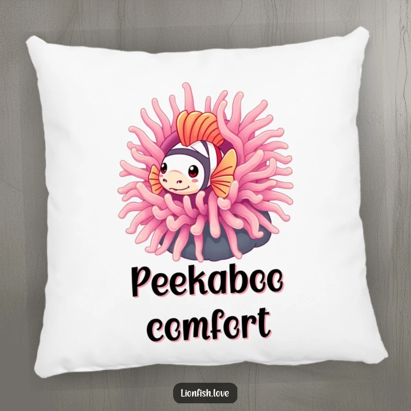 Funny pillow featuring a bashful lionfish partially concealed behind a vibrant sea anemone, offering soft, humorous comfort.