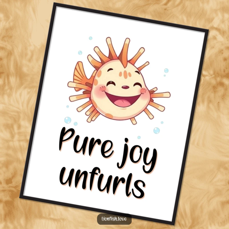 Funny digital art print of a joyful lionfish with a wide grin, surrounded by floating bubbles, perfect for uplifting decor.