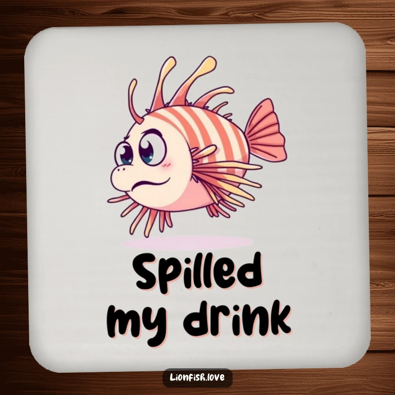 Funny drink coaster with a clumsy lionfish tripping over its fins with a surprised expression, bringing aquatic oops-moments to any table.