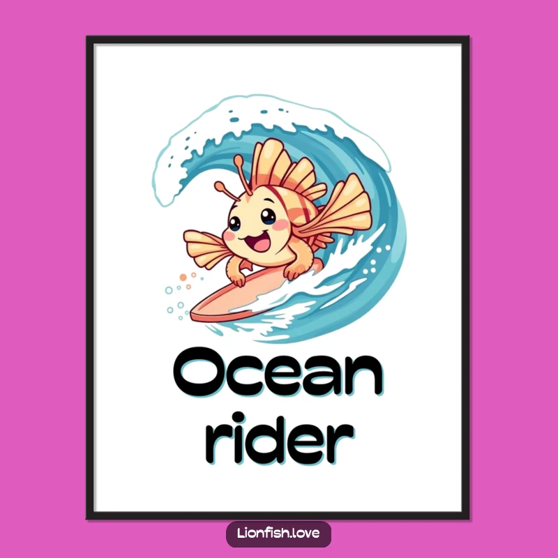 Funny Wall Art Poster: Lionfish Surfing Ocean Wave Scene
