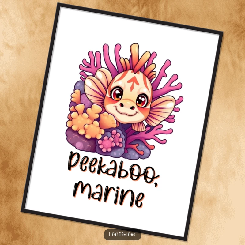 Funny poster artwork of a curious lionfish with wide eyes, peeking from behind lush coral, ideal for ocean art lovers.