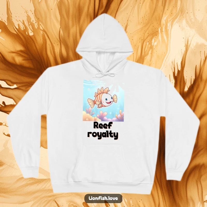Funny hoodie depicting a content lionfish gliding joyfully through radiant blue ocean waters, perfect for cozy, humorous wear.