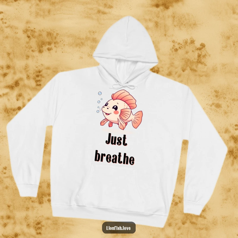 Funny hoodie depicting a happy lionfish exhaling a cascade of small bubbles, perfect for those who enjoy lighthearted comfort.