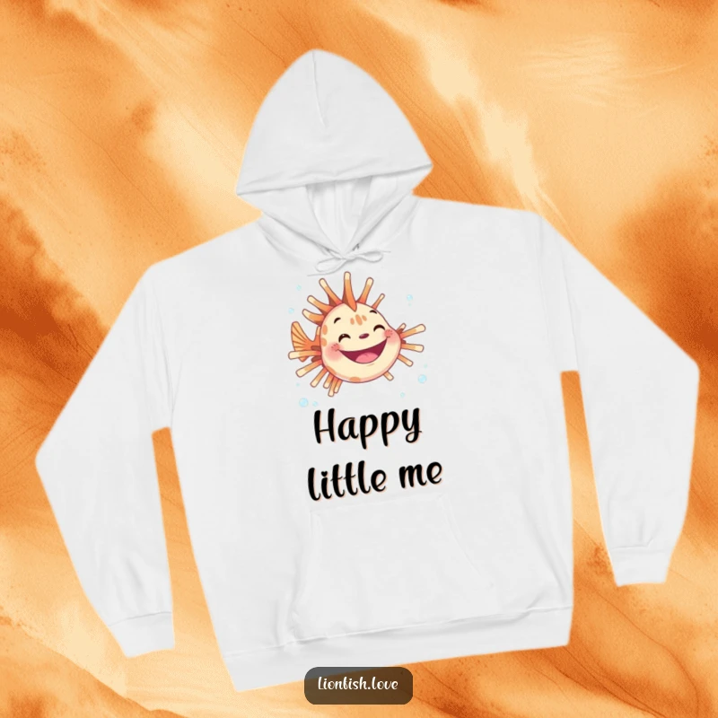 Funny hoodie showcasing a joyful lionfish with a wide grin amidst floating bubbles, offering comfort and underwater cheer.