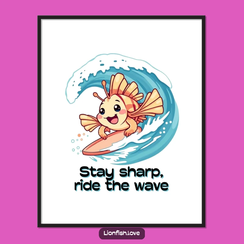 Free Printable Wall Art: Surfing Lionfish, Ocean Wave, Tropical Vibes, Funny Downloadable Art