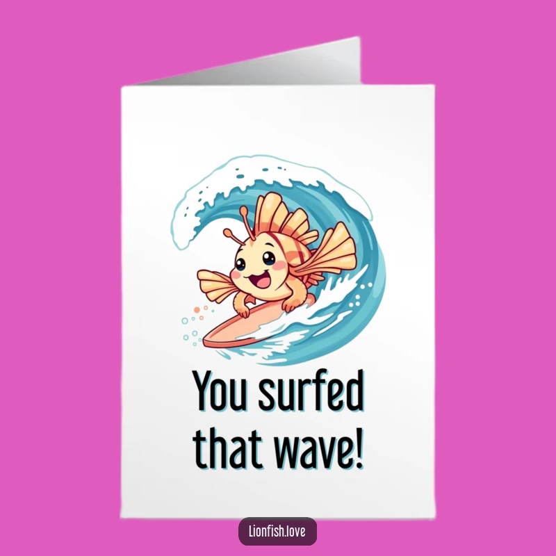 Free Printable Congrats Card: Surfing Lionfish Rides Success Wave, Funny Downloadable Art
