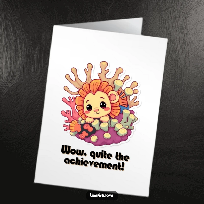 Funny Free Printable Congratulations Card: A curious lionfish peeks from behind colorful coral, celebrating success with a playful surprise.