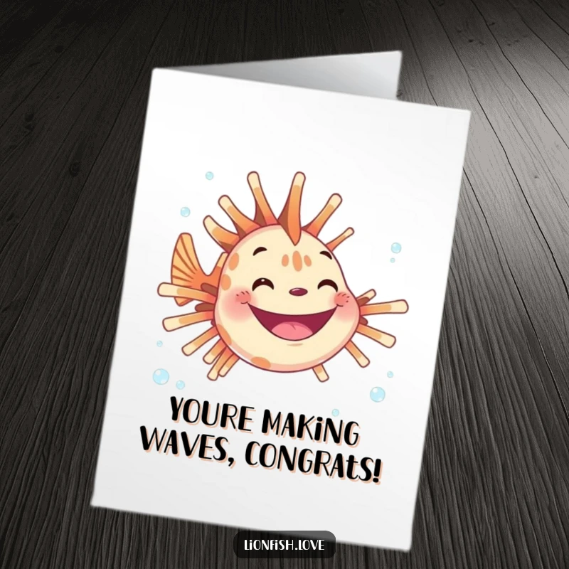 Funny Free Printable Congrats Card showing a joyful lionfish grinning widely amidst tiny bubbles, celebrating your amazing achievement.