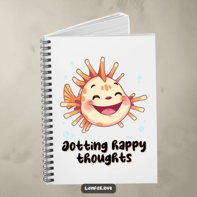 Funny notebook cover with a joyful lionfish sporting a grin and surrounded by bubbles, inspiring happy thoughts and notes.