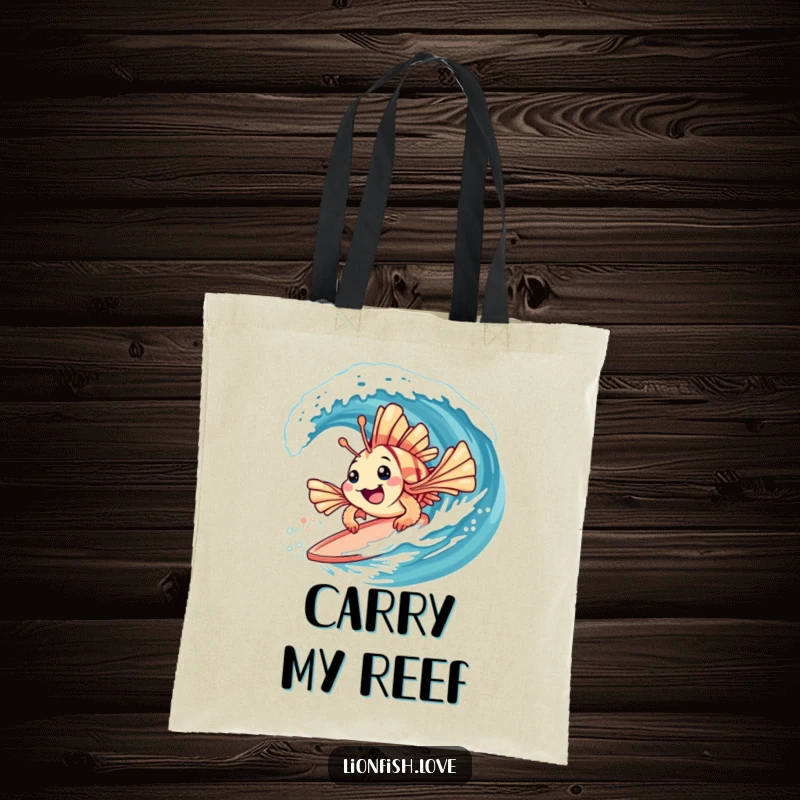 Funny tote bag depicting a playful lionfish with spiky fins surfing on a gentle wave, ideal for beach trips.