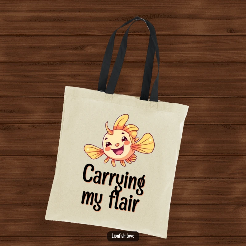 Funny Tote Bag with a cheerful lionfish mid-flip, displaying flowing fins and bringing playful ocean vibes.