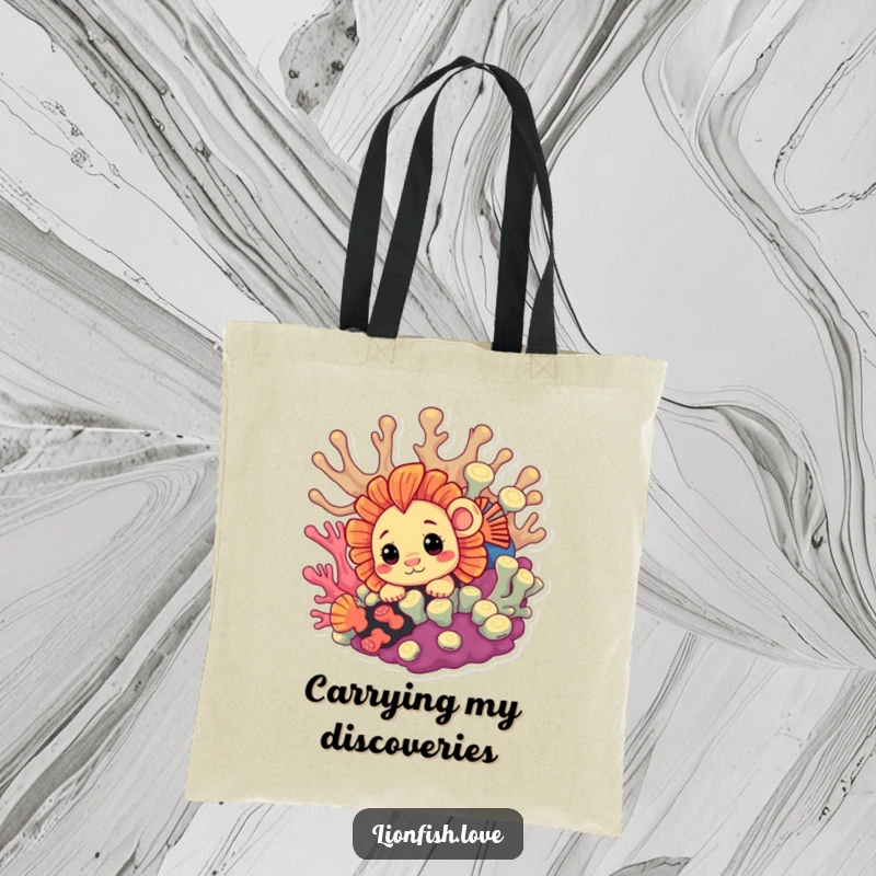 Funny Tote Bag with a curious lionfish peeking from vibrant coral, perfect for carrying items with playful intrigue and humor.